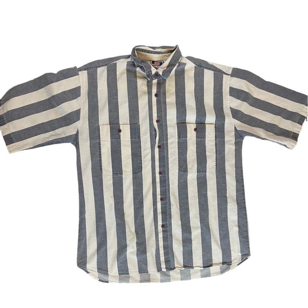 Vintage Gray and White Striped Casual Button Down Shirt